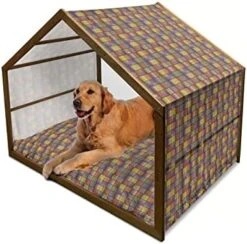Ambesonne Food Wooden Pet House, Ice Cream Cones Fifties Time Colored Drawings With Abstract Retro Like Design Image, Indoor & Outdoor Portable Dog Kennel With Pillow And Cover, Large, Multicolor -Zoomie Shop 41GtltNrqgL. AC 1