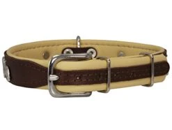 Dogs My Love Real Leather Soft Leather Padded Dog Collar Dachshund (10.5"-12" Neck; 3/4" Wide, Brown/Beige)