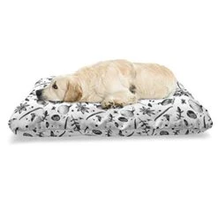 Ambesonne Food Pet Bed, Cuisine Spices Forest Herbs With Garlic Cloves Holistic Arugula Sketch, Chew Resistant Pad For Dogs And Cats Cushion With Removable Cover, 24" X 39", Charcoal Grey And White