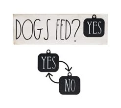 Dogs Fed? Yes/No Rusic Dog Sign, Whitewashed Wood Plaque With Black Metal Tag, Cute Dog Decor Gift For Dog Lover, 15 X 4.75 Inches