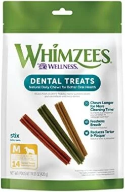 WHIMZEES By Wellness Stix Natural Dental Chews For Dogs, 3X Longer Lasting & Grain-Free, Freshen Breath & Fight Plaque & Tartar, Medium Breed, 14 Count 21 WHIMZEES By Wellness Stix Natural Dental Chews For Dogs, 3X Longer Lasting & Grain-Free, Freshen Breath & Fight Plaque & Tartar, Medium Breed, 14 Count -Zoomie Shop 41SbhJyh8JL. AC
