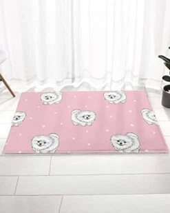 Bathroom Rugs Door Mat Cartoon Pets White Long Haired Dog Polka Dot Pink Te Xture Soft Plush Front Door Mat Non-Slip Washable Indoor Door Mats For Entryway, Highly Absorbent Rug For Tub 20"x31.5"