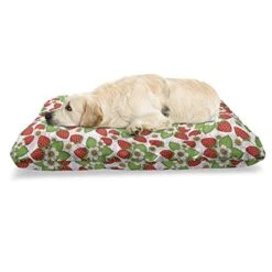 Ambesonne Floral Pet Bed, Strawberries With Flowers And Leaves Summer Season Themed Eating Food, Chew Resistant Pad For Dogs And Cats Cushion With Removable Cover, 24" X 39", Vermilion Green Pink