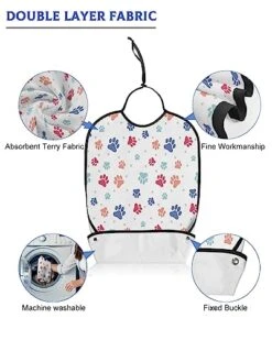 Funnywall88 Adult Bibs Colorful Pet Dog Paws Waterproof Apron For Elderly, Women For Eating With Adjustable Strap Snap Closure - Washable With Optional Crumb Catcher, Reusable, Large -Zoomie Shop 41YIbyLSu3L