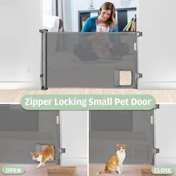 Retractable Dog Gate With Cat Door 55” Wide Retractable Baby Gate With Pet Door 35” Tall Indoor Outdoor Mesh Pet Gate For Cats/Small Dogs Child Safety Gate For Stairs, Doorways, Deck (Grey) 13 Retractable Dog Gate With Cat Door 55” Wide Retractable Baby Gate With Pet Door 35” Tall Indoor Outdoor Mesh Pet Gate For Cats/Small Dogs Child Safety Gate For Stairs, Doorways, Deck (Grey) -Zoomie Shop 41fL2L7rKqL