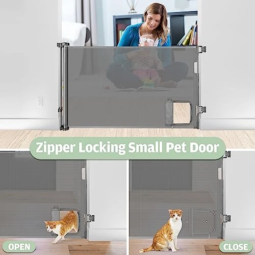Retractable Dog Gate With Cat Door 55” Wide Retractable Baby Gate With Pet Door 35” Tall Indoor Outdoor Mesh Pet Gate For Cats/Small Dogs Child Safety Gate For Stairs, Doorways, Deck (Grey) 5 Retractable Dog Gate With Cat Door 55” Wide Retractable Baby Gate With Pet Door 35” Tall Indoor Outdoor Mesh Pet Gate For Cats/Small Dogs Child Safety Gate For Stairs, Doorways, Deck (Grey) - Image 5