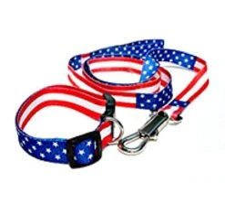 BUNFIREs American US Flag Dogs Collar And Leash Set Patriotic, Fourth Of July Dog Collar, Independence Day Heavy Duty Adjustable For Small Medium Large Breeds Dog