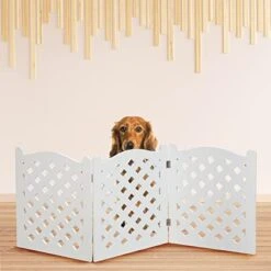 Bundaloo Freestanding Dog Gate With Door Expandable Decorative Wooden Fence For Small To Medium Pet Dogs, Barrier For Stairs, Doorways, & Hallways (Black Diamond) -Zoomie Shop 41johSsCDL. AC