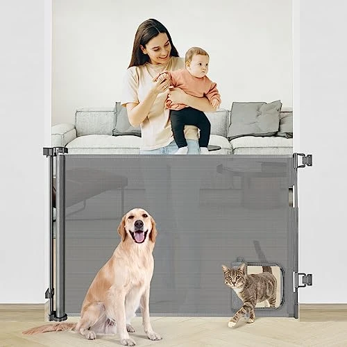 Retractable Dog Gate With Cat Door 55” Wide Retractable Baby Gate With Pet Door 35” Tall Indoor Outdoor Mesh Pet Gate For Cats/Small Dogs Child Safety Gate For Stairs, Doorways, Deck (Grey) 1 Retractable Dog Gate With Cat Door 55” Wide Retractable Baby Gate With Pet Door 35” Tall Indoor Outdoor Mesh Pet Gate For Cats/Small Dogs Child Safety Gate For Stairs, Doorways, Deck (Grey)