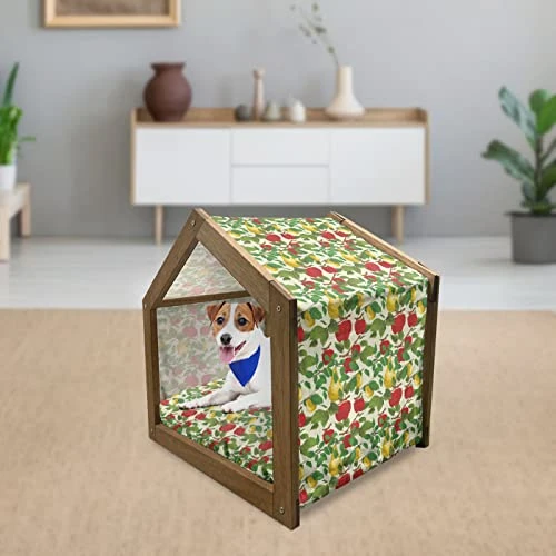 Lunarable Fruit Wooden Pet House, Repetitive Pattern Of Pear And Apple Branches With Leaves Blooming Organic Foods, Outdoor & Indoor Portable Dog Kennel With Pillow And Cover, Medium, Multicolor 2 Lunarable Fruit Wooden Pet House, Repetitive Pattern Of Pear And Apple Branches With Leaves Blooming Organic Foods, Outdoor & Indoor Portable Dog Kennel With Pillow And Cover, Medium, Multicolor - Image 2