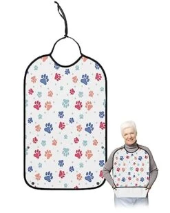 Funnywall88 Adult Bibs Colorful Pet Dog Paws Waterproof Apron For Elderly, Women For Eating With Adjustable Strap Snap Closure - Washable With Optional Crumb Catcher, Reusable, Large