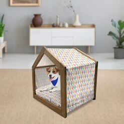 Ambesonne Food Wooden Pet House, Ice Cream Cones Fifties Time Colored Drawings With Abstract Retro Like Design Image, Indoor & Outdoor Portable Dog Kennel With Pillow And Cover, Large, Multicolor