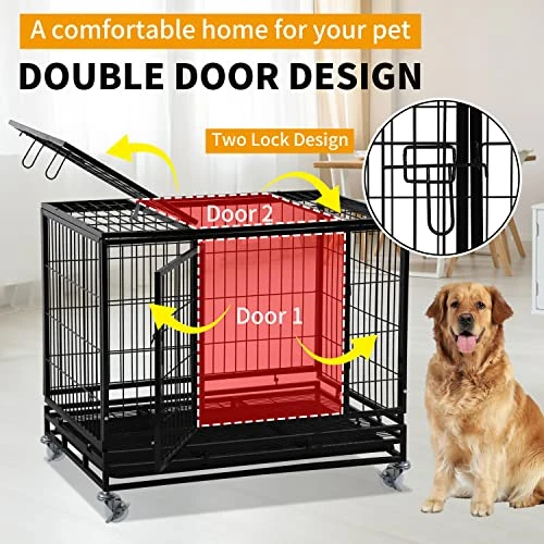 BLKMTY 42" Dog Crate Heavy Duty Dog Cage Steel Larger Dog Cage Metal Pet Crate Kennel For Large Dogs Indoor Double Door Dog Crate With Wheels Dog Cages W/Lock & Removable Tray, Black 2 BLKMTY 42" Dog Crate Heavy Duty Dog Cage Steel Larger Dog Cage Metal Pet Crate Kennel For Large Dogs Indoor Double Door Dog Crate With Wheels Dog Cages W/Lock & Removable Tray, Black - Image 2