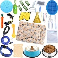 LINXTAR Puppy Starter Kit 27pcs For Small/Medium Breed Puppy Essential, Includes: Puppy Toys/Plush Dog Bed/Bowls With Food Mat/Leash Collar/Bath Grooming Supplies/Cleaning Accessories