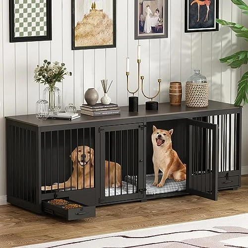 MOOLIVE Large Double Dog Crate Furniture, 86.6" Wooden Dog Crate Kennel Furniture With 4 Dog Bowls And Divider, XXL Heavy Duty Dog Crates Cage Furniture For Large Dog Or 2 Medium Dogs Indoor, White 5 MOOLIVE Large Double Dog Crate Furniture, 86.6" Wooden Dog Crate Kennel Furniture With 4 Dog Bowls And Divider, XXL Heavy Duty Dog Crates Cage Furniture For Large Dog Or 2 Medium Dogs Indoor, White - Image 5