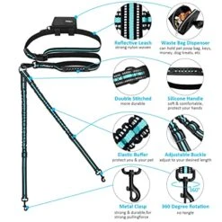 PHILORN Hands-Free Double Dog Leash 110lbs Comfortable Shock Absorbing Reflective Bungee For 2 Dogs Walking Training 66-84 Inch Adjustable No Tangle Dual Dog Leash With Pouch 2 Handles (Black)