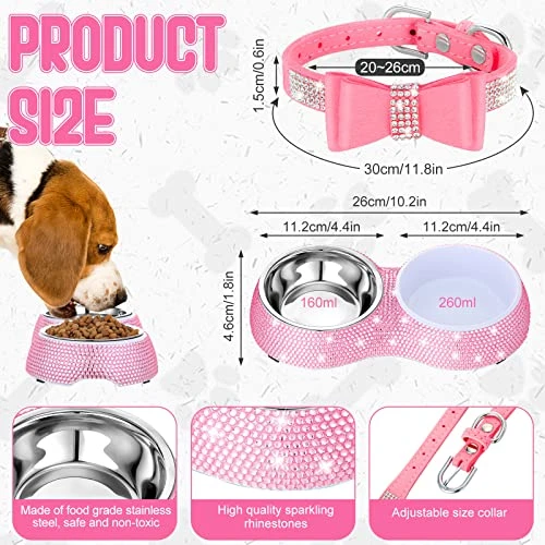 Gerrii 2 Pcs Pink Dog Cat Bowls And Small Puppy Collar Set For Cat And Dog, Pink Bling Cat Collars Rhinestones Stainless Steel Puppy Bowls Adjustable Bling Dog Collar (Pink, XS) 2 Gerrii 2 Pcs Pink Dog Cat Bowls And Small Puppy Collar Set For Cat And Dog, Pink Bling Cat Collars Rhinestones Stainless Steel Puppy Bowls Adjustable Bling Dog Collar (Pink, XS) - Image 2