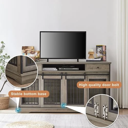 Tmsan Large Dog Crate Furniture, 66" Heavy Duty Wood Dog Kennel With Divider & Drawers, Indoor Dog House Cage For 2 Medium Dogs, End Table TV Stand 4 Tmsan Large Dog Crate Furniture, 66" Heavy Duty Wood Dog Kennel With Divider & Drawers, Indoor Dog House Cage For 2 Medium Dogs, End Table TV Stand - Image 4