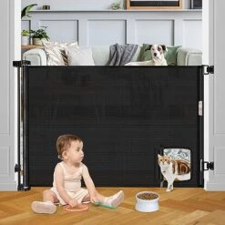 Retractable Baby Gates Retractable Dog Gate With Cat Door Walk Through 55" Wide Baby Gates For Dogs Indoor Baby Gate With Door Outdoor Pet Gate For Cats Cat Gate For Doorway Dog Gate For Stairs, Black