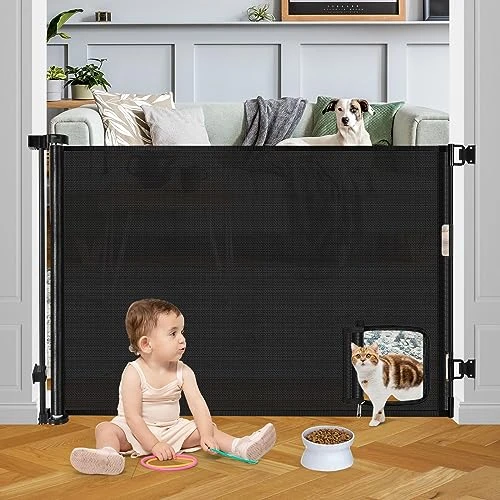 Retractable Baby Gates Retractable Dog Gate With Cat Door Walk Through 55" Wide Baby Gates For Dogs Indoor Baby Gate With Door Outdoor Pet Gate For Cats Cat Gate For Doorway Dog Gate For Stairs, Black 1 Retractable Baby Gates Retractable Dog Gate With Cat Door Walk Through 55" Wide Baby Gates For Dogs Indoor Baby Gate With Door Outdoor Pet Gate For Cats Cat Gate For Doorway Dog Gate For Stairs, Black