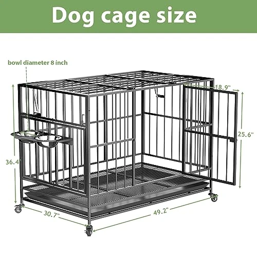 ROOMTEC 49 Inch Heavy Duty Dog Crate Cage Kennel With Wheels / 360° & Adjustable 2 Alloy Bowls/Unique Air Lift Rod/Sturdy Locks Design, Double Door And Removable Tray, Extra Large XL XXL Dog 2 ROOMTEC 49 Inch Heavy Duty Dog Crate Cage Kennel With Wheels / 360° & Adjustable 2 Alloy Bowls/Unique Air Lift Rod/Sturdy Locks Design, Double Door And Removable Tray, Extra Large XL XXL Dog - Image 2