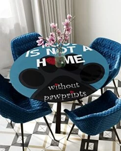 Aomike Round Fitted Tablecloth, Valentine's Day Pet Dog Paw Print Black Rose Flower Blue Elastic Edge Tablecloth Waterproof Wipeable Table Cover For Dinning Fits Tables Up To 36" - 44" -Zoomie Shop 519TbwoptxL
