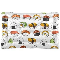 Poeticcity Seamless Colorful Japanese Food On White Dog Cat Bed Mat, Soft Crate Pad Mattress Cushion For Small Medium Pets, Anti Slip Sleeping Kennel Mat Washable & Dry 24x18 Inch