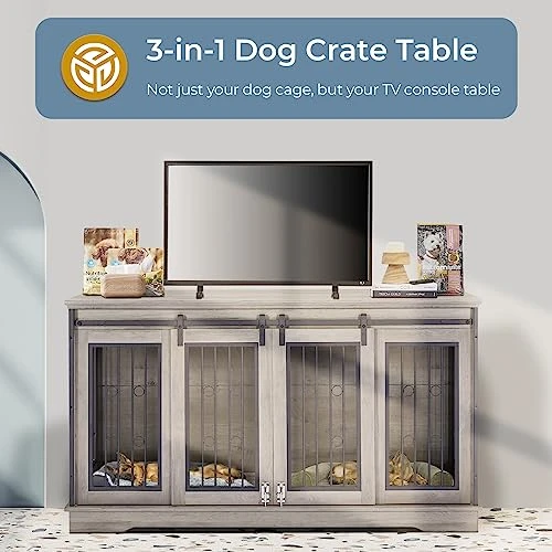 Lyromix Dog Crate Furniture Large Breed TV Stand With 2 Sliding Doors, Dog Kennels And Crates For Medium Large Dogs With Divider, Wood Dog Crate End Table, Grey, 60.6''W*22.8''D*33.9''H 2 Lyromix Dog Crate Furniture Large Breed TV Stand With 2 Sliding Doors, Dog Kennels And Crates For Medium Large Dogs With Divider, Wood Dog Crate End Table, Grey, 60.6''W*22.8''D*33.9''H - Image 2