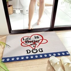 Pet Valentine's Day Decorative Doormat 18"x30", Non Slip Non Shedding Absorbent Indoor Area Rug, Washable Thick Plush Door Mat For Front Layered Kitchen Bathroom, Dog Footprints Love Heart Sweet Words