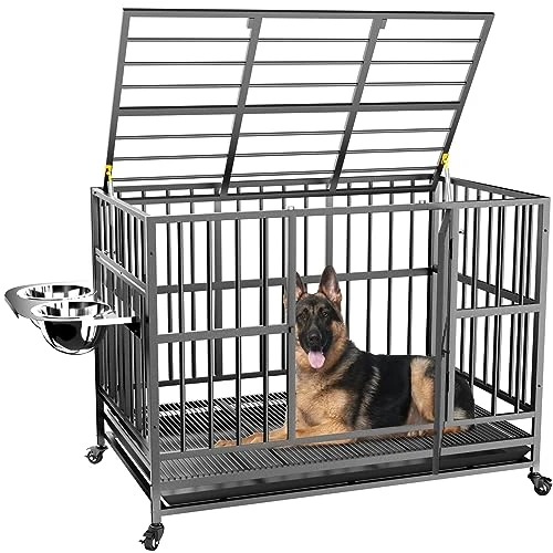ROOMTEC 49 Inch Heavy Duty Dog Crate Cage Kennel With Wheels / 360° & Adjustable 2 Alloy Bowls/Unique Air Lift Rod/Sturdy Locks Design, Double Door And Removable Tray, Extra Large XL XXL Dog 1 ROOMTEC 49 Inch Heavy Duty Dog Crate Cage Kennel With Wheels / 360° & Adjustable 2 Alloy Bowls/Unique Air Lift Rod/Sturdy Locks Design, Double Door And Removable Tray, Extra Large XL XXL Dog