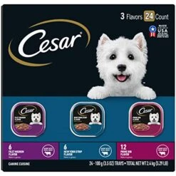 CESAR Adult Soft Wet Dog Food Filets In Gravy Variety Pack, Filet Mignon, New York Strip And Prime Rib Flavors, (24) 3.5 Oz. Trays