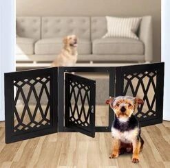 Bundaloo Freestanding Dog Gate With Door Expandable Decorative Wooden Fence For Small To Medium Pet Dogs, Barrier For Stairs, Doorways, & Hallways (Black Diamond) -Zoomie Shop 51DkwC7rsuL. AC
