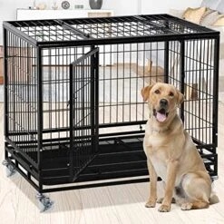 BLKMTY 42" Dog Crate Heavy Duty Dog Cage Steel Larger Dog Cage Metal Pet Crate Kennel For Large Dogs Indoor Double Door Dog Crate With Wheels Dog Cages W/Lock & Removable Tray, Black 14 BLKMTY 42" Dog Crate Heavy Duty Dog Cage Steel Larger Dog Cage Metal Pet Crate Kennel For Large Dogs Indoor Double Door Dog Crate With Wheels Dog Cages W/Lock & Removable Tray, Black -Zoomie Shop 51EVXrQOknL. AC