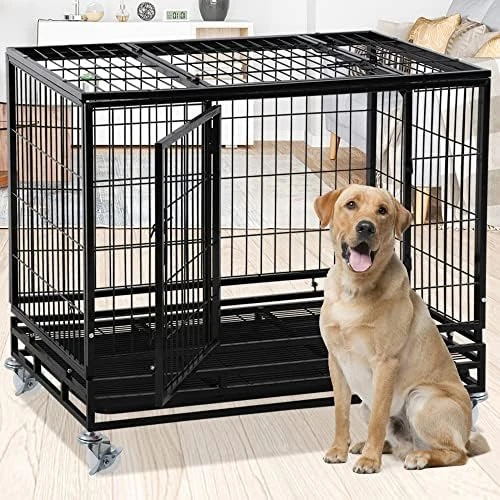 BLKMTY 42" Dog Crate Heavy Duty Dog Cage Steel Larger Dog Cage Metal Pet Crate Kennel For Large Dogs Indoor Double Door Dog Crate With Wheels Dog Cages W/Lock & Removable Tray, Black 7 BLKMTY 42" Dog Crate Heavy Duty Dog Cage Steel Larger Dog Cage Metal Pet Crate Kennel For Large Dogs Indoor Double Door Dog Crate With Wheels Dog Cages W/Lock & Removable Tray, Black - Image 7
