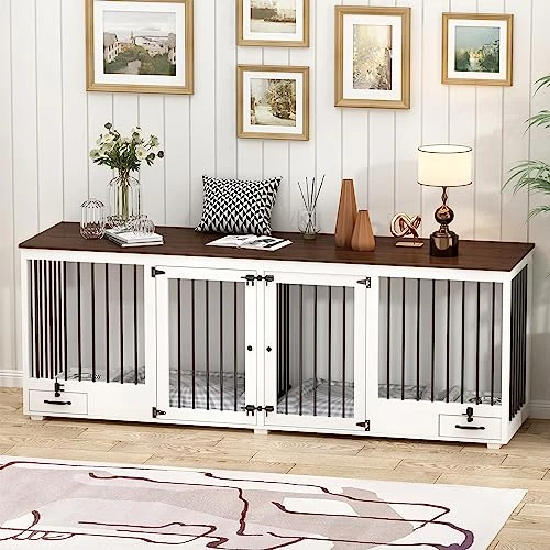 MOOLIVE Large Double Dog Crate Furniture, 86.6" Wooden Dog Crate Kennel Furniture With 4 Dog Bowls And Divider, XXL Heavy Duty Dog Crates Cage Furniture For Large Dog Or 2 Medium Dogs Indoor, White 4 MOOLIVE Large Double Dog Crate Furniture, 86.6" Wooden Dog Crate Kennel Furniture With 4 Dog Bowls And Divider, XXL Heavy Duty Dog Crates Cage Furniture For Large Dog Or 2 Medium Dogs Indoor, White - Image 4