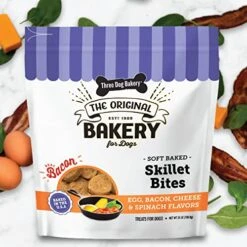 Three Dog Bakery Skillet Bites With Eggs, Bacon, Cheese, And Spinach, Soft-Baked Premium Dog Treats, 3 Pound Bag, Brown (320055) -Zoomie Shop 51IVvRE0hUL