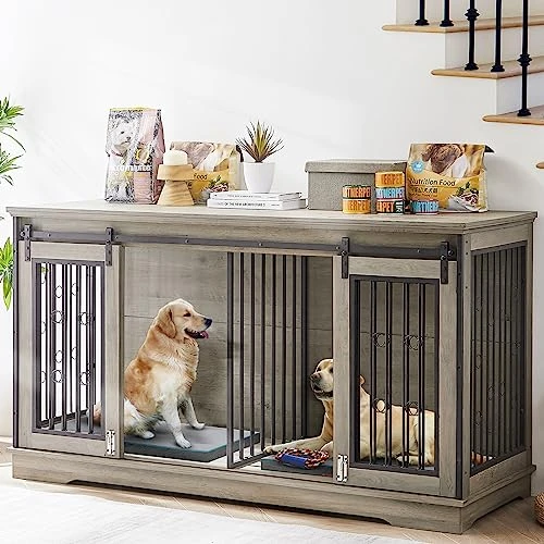 Lyromix Dog Crate Furniture Large Breed TV Stand With 2 Sliding Doors, Dog Kennels And Crates For Medium Large Dogs With Divider, Wood Dog Crate End Table, Grey, 60.6''W*22.8''D*33.9''H 1 Lyromix Dog Crate Furniture Large Breed TV Stand With 2 Sliding Doors, Dog Kennels And Crates For Medium Large Dogs With Divider, Wood Dog Crate End Table, Grey, 60.6''W*22.8''D*33.9''H