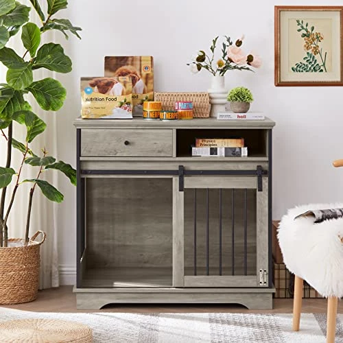 IRCPEN Dog Crate Furniture,Modern Sliding Door Kennel For Small Medium Large Dogs Up To 70 Lb, Heavy-Duty Dog Cage House With Drawer And Open Shelf (35" X 24" X 33" -Grey) 2 IRCPEN Dog Crate Furniture,Modern Sliding Door Kennel For Small Medium Large Dogs Up To 70 Lb, Heavy-Duty Dog Cage House With Drawer And Open Shelf (35" X 24" X 33" -Grey) - Image 2
