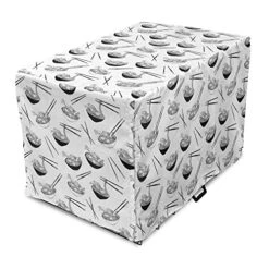 Lunarable Food Dog Crate Cover, Monochrome Traditional Cuisine Noodle Dish In Bowl With Chopsticks, Easy To Use Pet Kennel Cover For Small Dogs Puppies Kittens, 22 Inch, Charcoal Grey And White