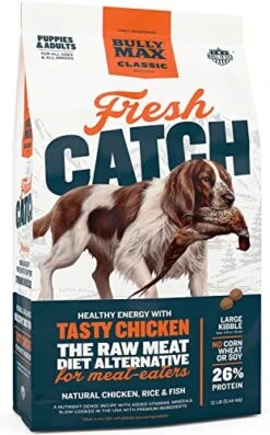 Bully Max Classic Fresh Catch Chicken, Rice & Fish Recipe - Slow-Cooked, Nutritious Puppy & Dog Food, Large Kibble Wholesome Dog Food, Natural Dog Food W/Added Vitamins, Minerals, & Nutrients, 12 Lbs
