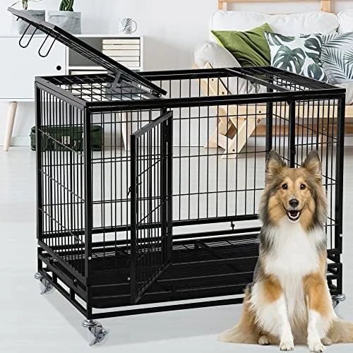BLKMTY 42" Dog Crate Heavy Duty Dog Cage Steel Larger Dog Cage Metal Pet Crate Kennel For Large Dogs Indoor Double Door Dog Crate With Wheels Dog Cages W/Lock & Removable Tray, Black 6 BLKMTY 42" Dog Crate Heavy Duty Dog Cage Steel Larger Dog Cage Metal Pet Crate Kennel For Large Dogs Indoor Double Door Dog Crate With Wheels Dog Cages W/Lock & Removable Tray, Black - Image 6