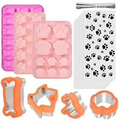 Elesunory Silicone Dog Treat Molds, Silicone Puppy Paw And Bone Mold, Stainless Steel Dog Bone Cookie Cutters With 100Pcs Dog Treat Bags, Non-Stick Food Grade Dog Molds For Chocolate, Candy, Ice Cube