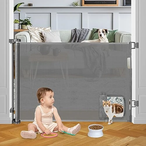 Baby Gate With Cat Door Walk Through 55" Wide Retractable Baby Gates Indoor Retractable Dog Gate Outdoor Pet Gate With Cat Door Gates For Pets Cat Gate For Doorway Dog Gates For The House, Gray 1 Baby Gate With Cat Door Walk Through 55" Wide Retractable Baby Gates Indoor Retractable Dog Gate Outdoor Pet Gate With Cat Door Gates For Pets Cat Gate For Doorway Dog Gates For The House, Gray