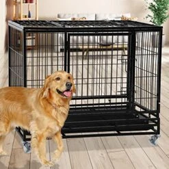 BLKMTY 42" Dog Crate Heavy Duty Dog Cage Steel Larger Dog Cage Metal Pet Crate Kennel For Large Dogs Indoor Double Door Dog Crate With Wheels Dog Cages W/Lock & Removable Tray, Black