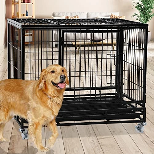BLKMTY 42" Dog Crate Heavy Duty Dog Cage Steel Larger Dog Cage Metal Pet Crate Kennel For Large Dogs Indoor Double Door Dog Crate With Wheels Dog Cages W/Lock & Removable Tray, Black 1 BLKMTY 42" Dog Crate Heavy Duty Dog Cage Steel Larger Dog Cage Metal Pet Crate Kennel For Large Dogs Indoor Double Door Dog Crate With Wheels Dog Cages W/Lock & Removable Tray, Black