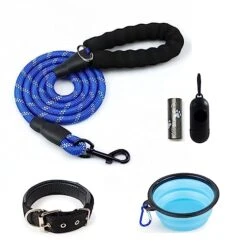 LLHGTHG Dog Leash, Nylon Rope Thick And Durable Leash For Medium And Large Dogs With Collapsible Pet Bowl, Leash, Dispenser Waste Bag And Dog Collar Set. (Blue)