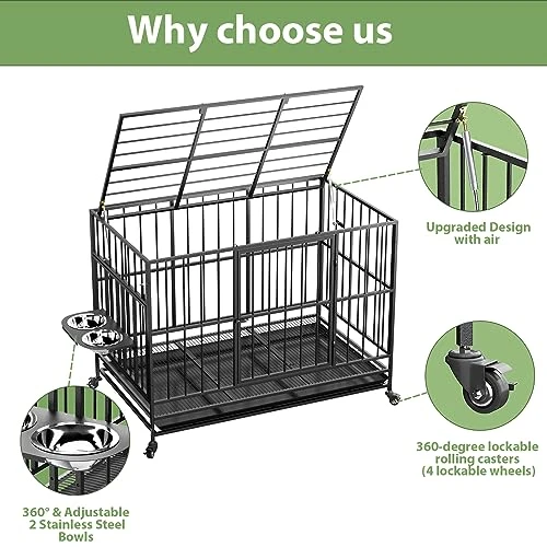 ROOMTEC 49 Inch Heavy Duty Dog Crate Cage Kennel With Wheels / 360° & Adjustable 2 Alloy Bowls/Unique Air Lift Rod/Sturdy Locks Design, Double Door And Removable Tray, Extra Large XL XXL Dog 5 ROOMTEC 49 Inch Heavy Duty Dog Crate Cage Kennel With Wheels / 360° & Adjustable 2 Alloy Bowls/Unique Air Lift Rod/Sturdy Locks Design, Double Door And Removable Tray, Extra Large XL XXL Dog - Image 5
