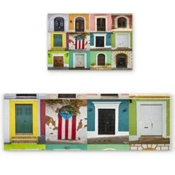 Non-slip Rubber Backing Kitchen Runners Set Puerto Rico Door Gate Square , Standing Mat Carpet For Baby Crawling/Bathroom/Gate Entrance Colorful Retro Arched Wall 2 Piece (15.7x23.6 In + 15.7x47.2 In)