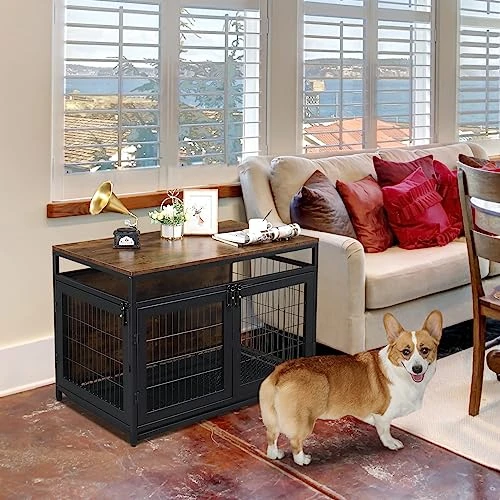 Dog Crate Furniture, Wooden Dog Crate Table, Dog Kennels With 3 Doors Indoor, Decorative Mesh Pet Crate End Table For Medium/Small Dog, Chew-Resistant Dog House, Rustic Brown And Black 4 Dog Crate Furniture, Wooden Dog Crate Table, Dog Kennels With 3 Doors Indoor, Decorative Mesh Pet Crate End Table For Medium/Small Dog, Chew-Resistant Dog House, Rustic Brown And Black - Image 4