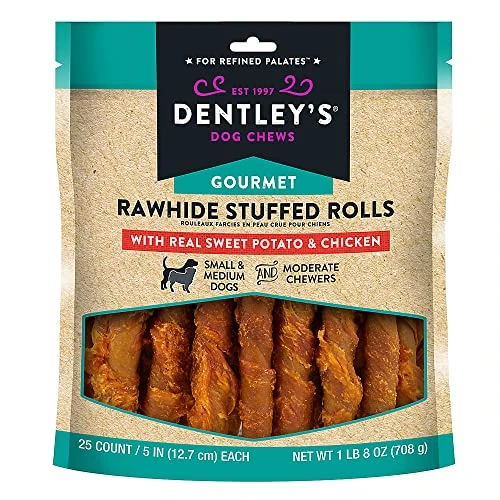 Dentley's Gourmet Rawhide Stuffed Rolls Dog Treats - Sweet Potato & Chicken 25 Rolls Per Pack 1 Dentley's Gourmet Rawhide Stuffed Rolls Dog Treats - Sweet Potato & Chicken 25 Rolls Per Pack